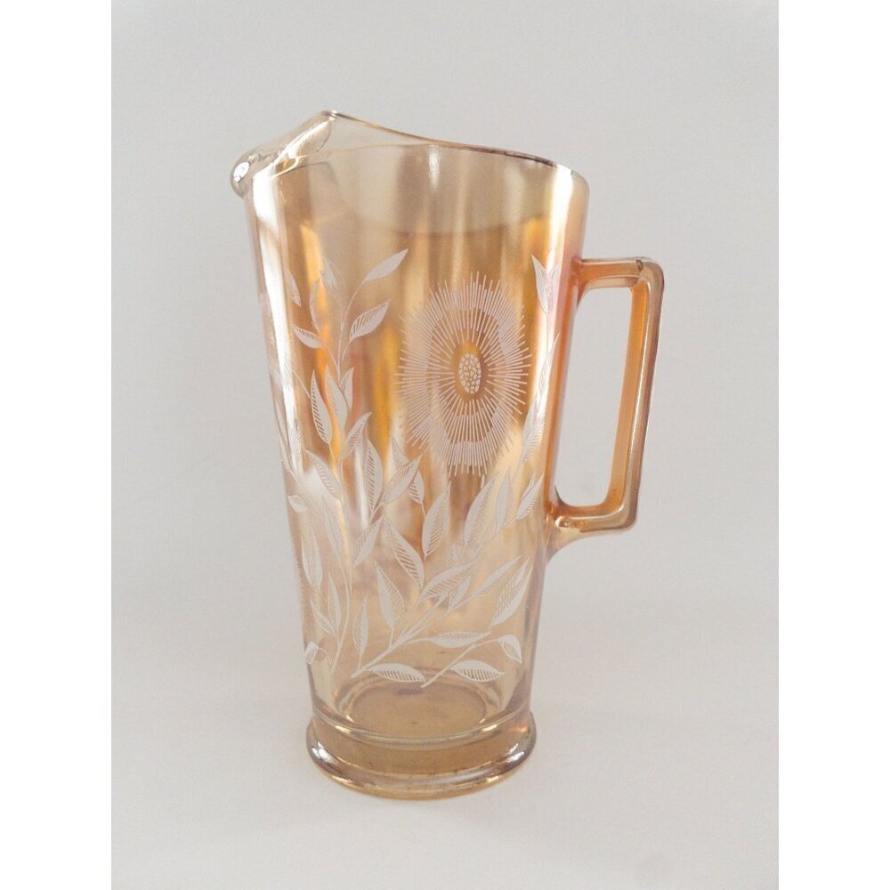 Cosmos by Jeannette Vintage Amber Glass Pitcher With Floral Etching & Handle 8"